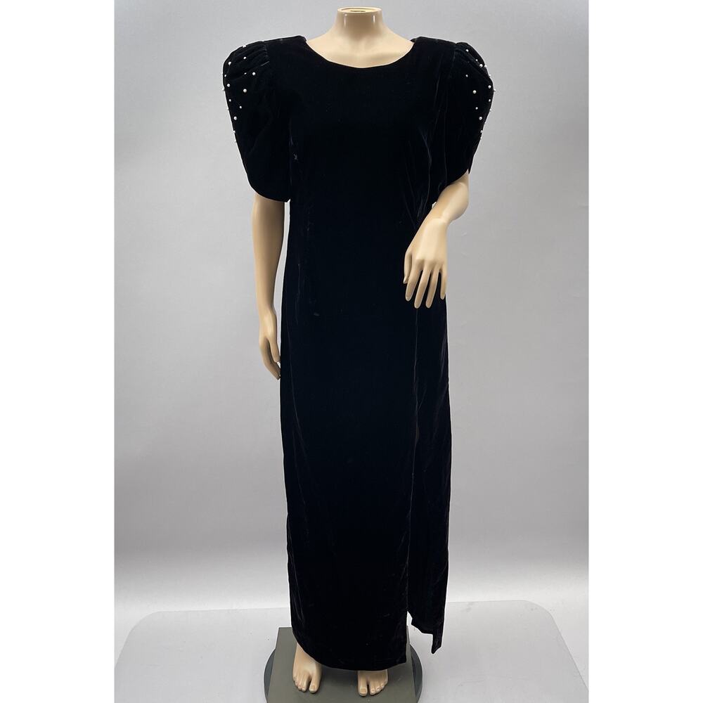 Michael Marcella Vtg 80s Dress Women 10 Black Velvet Gown Puff Pearl Sleeve NWT